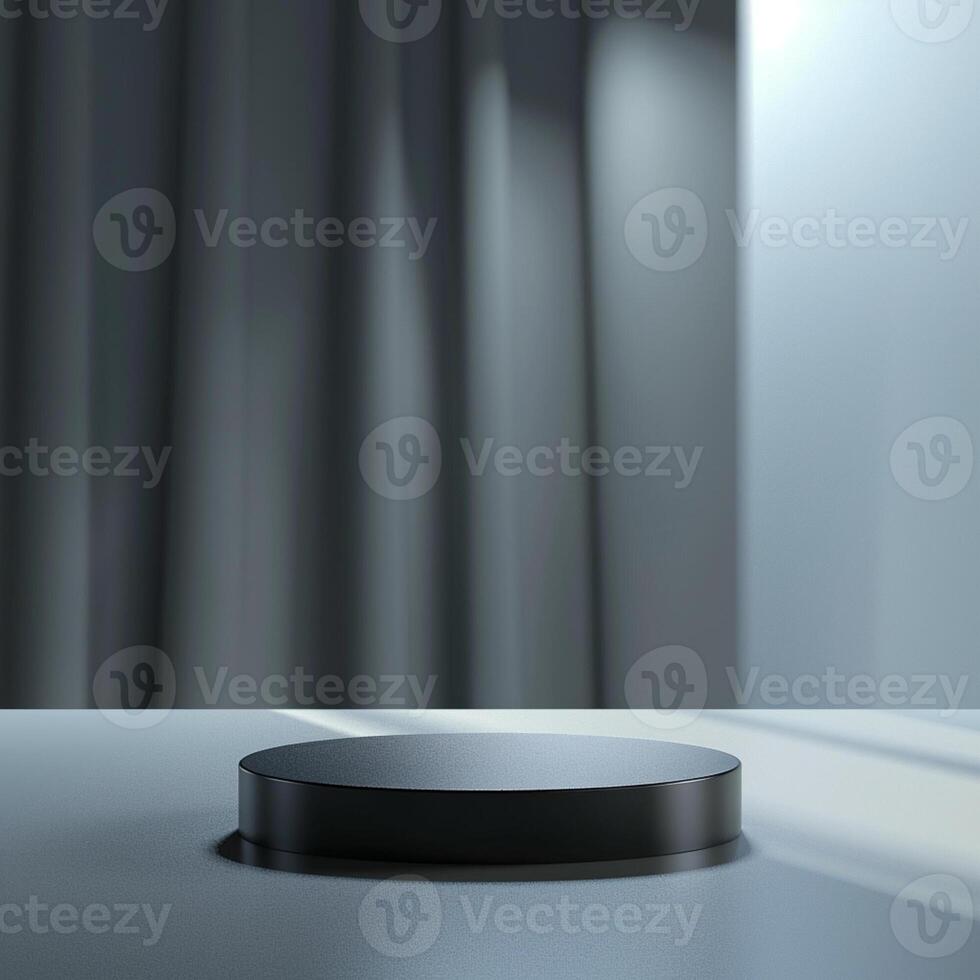 An empty black pedestal on a table in front of a curtain photo