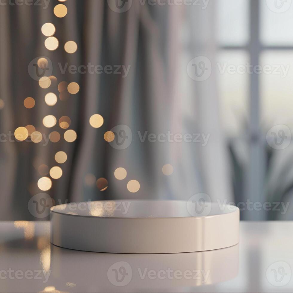 A white table with a round object on it photo