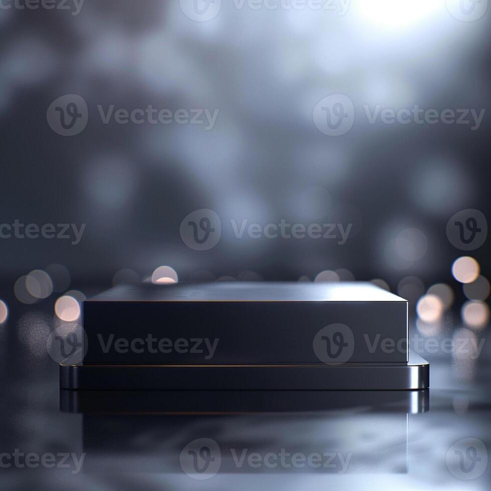 Black box on a shiny surface with bokeh lights photo