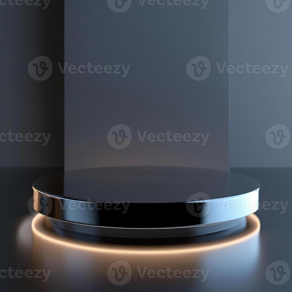 A black and white round table with a light on it photo