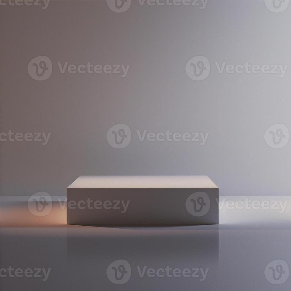 An empty white box on a table in front of a wall photo