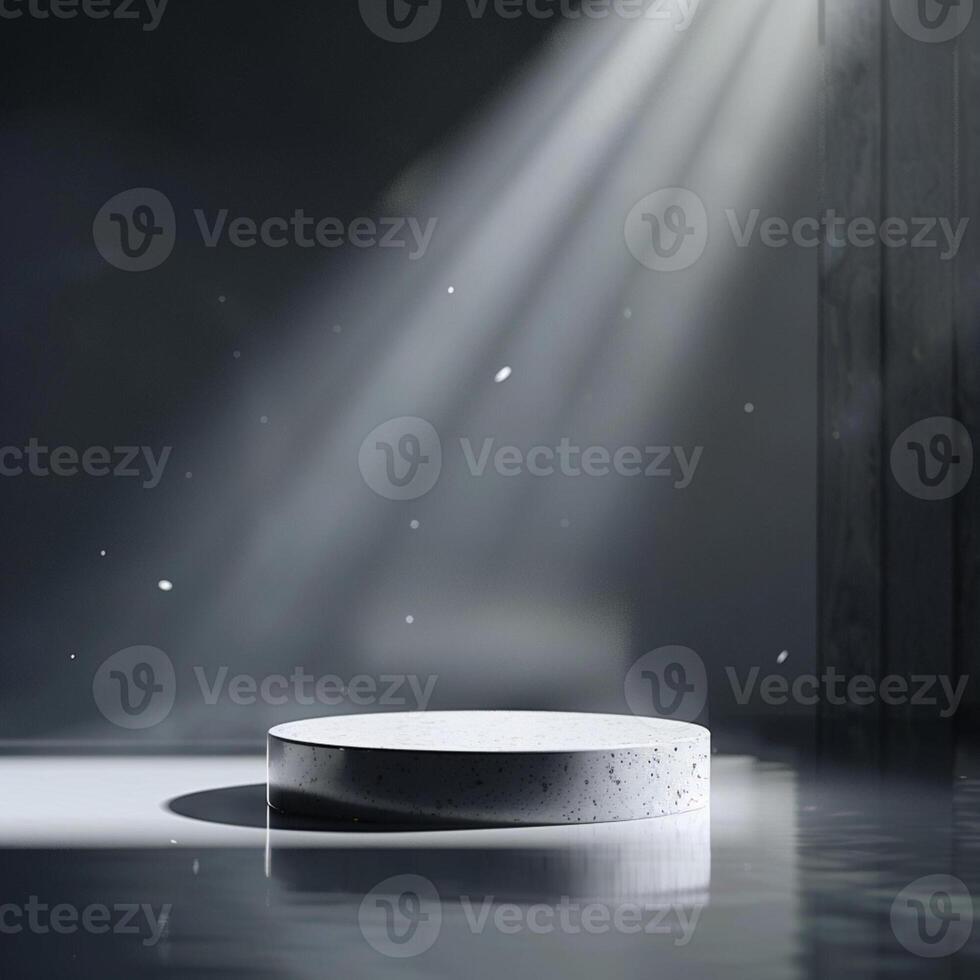 An empty podium in a dark room with light shining from the window photo