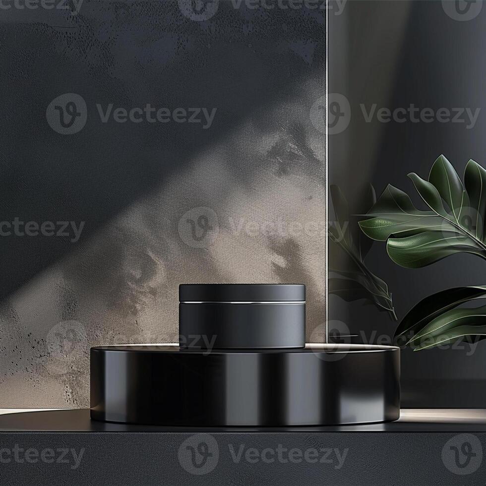 A black container sitting on a table next to a plant photo