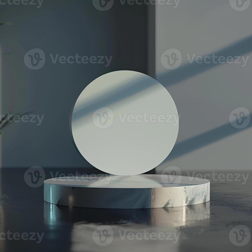 A white circular object on a pedestal in front of a window photo
