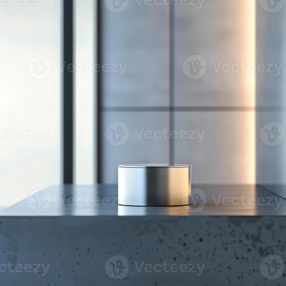 A silver object sitting on a counter in front of a window photo