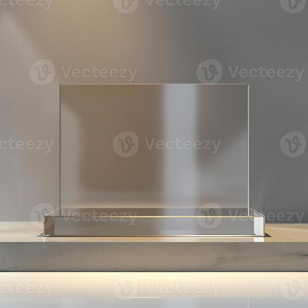 A glass display case on a table in front of a wall photo