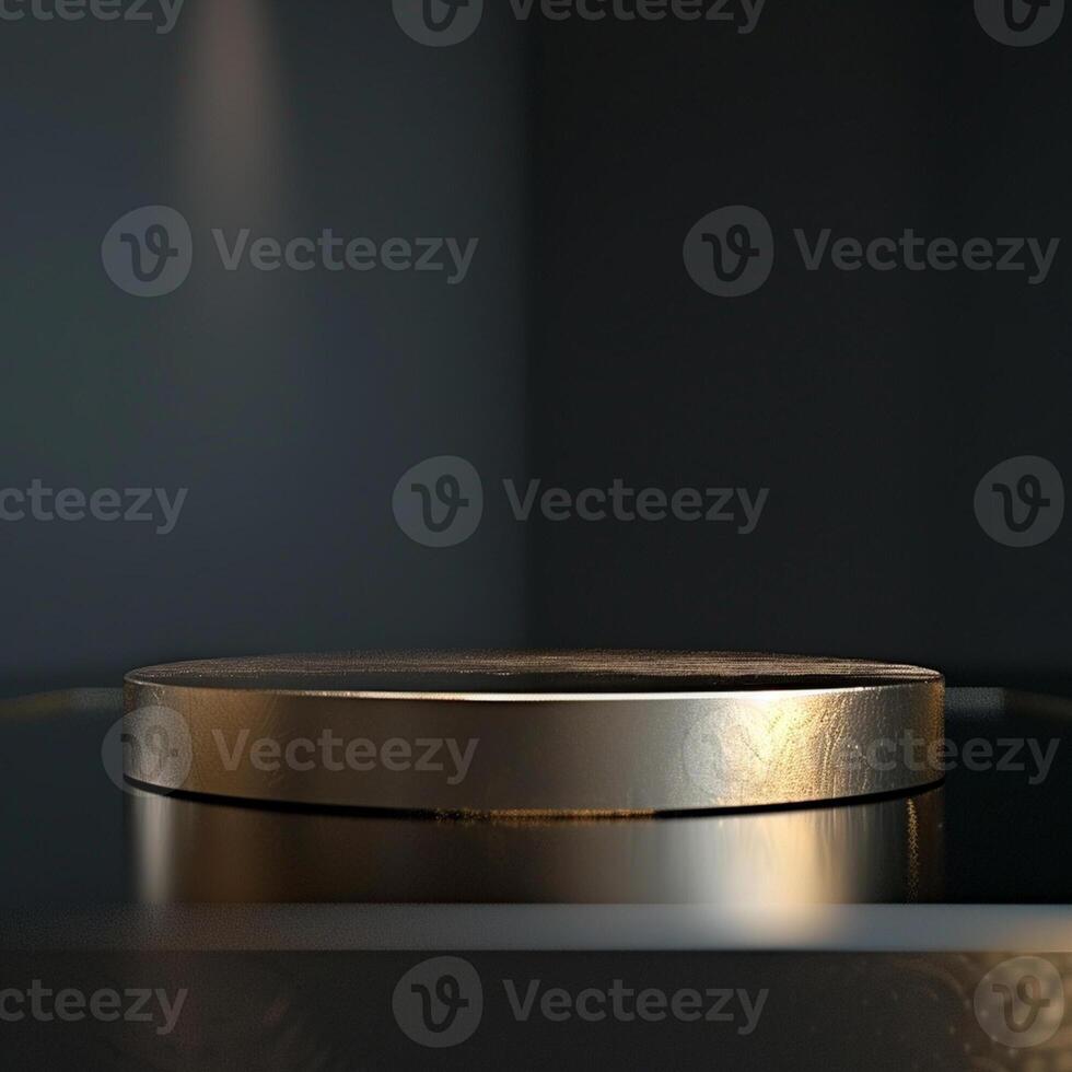 A gold circular table on a black surface photo