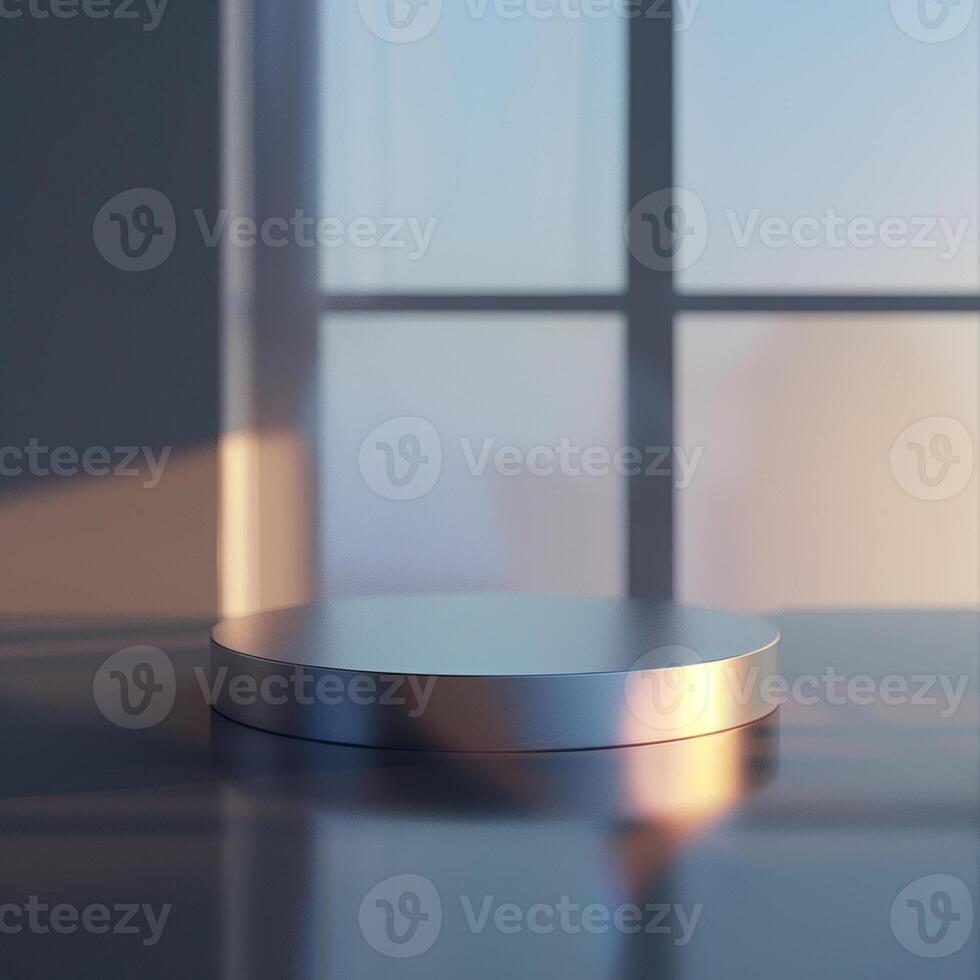 A round table with a white surface in front of a window photo