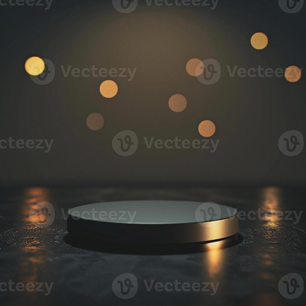 An empty podium on a dark table with lights photo
