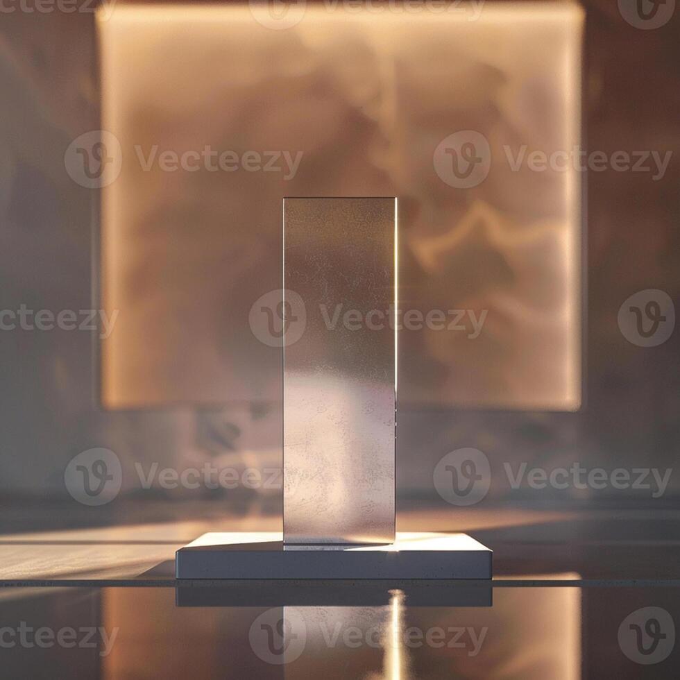 A glass block sitting on a table in front of a wall photo