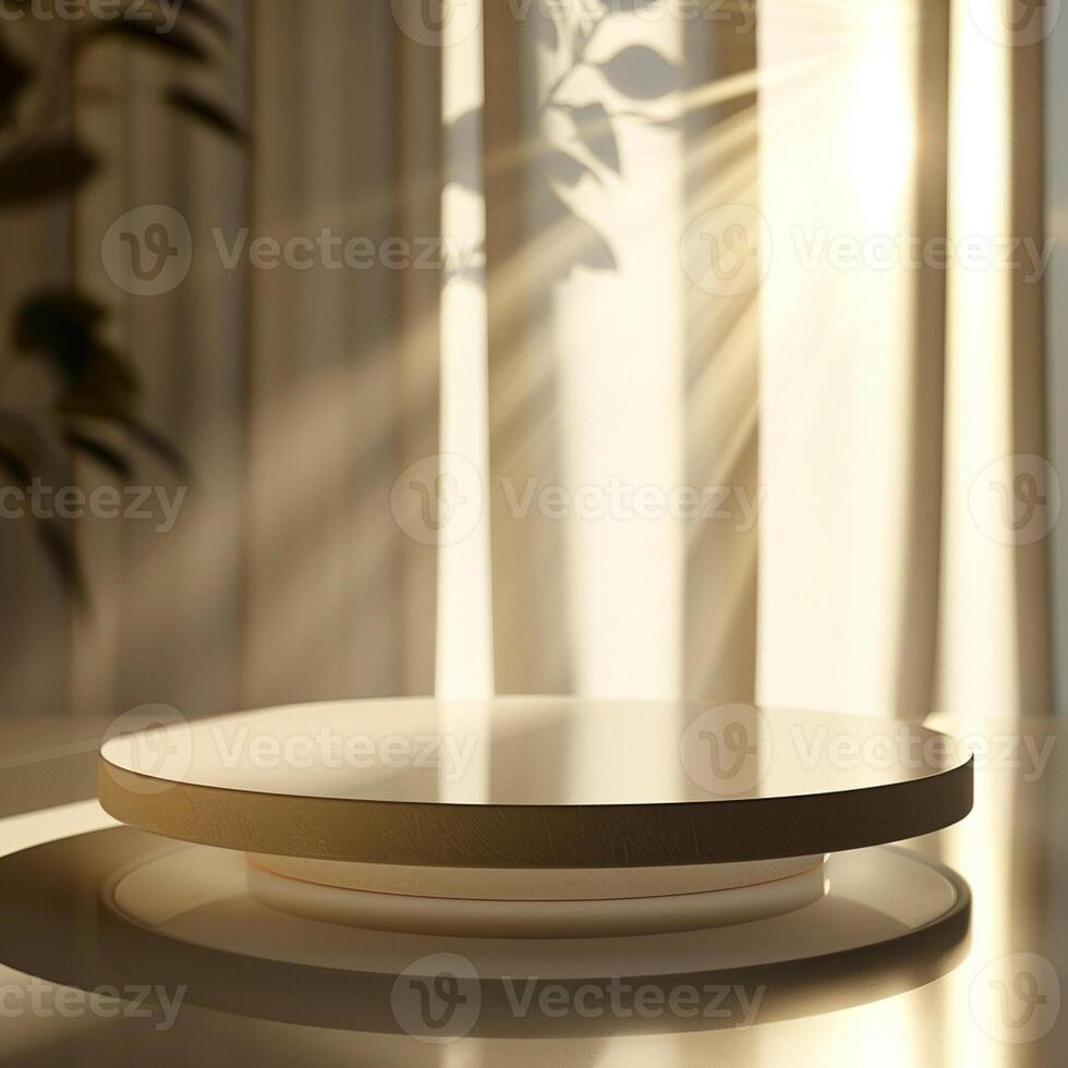 A white plate on a table in front of a window photo