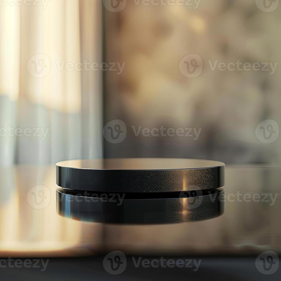 A black object sitting on a table in front of a window photo