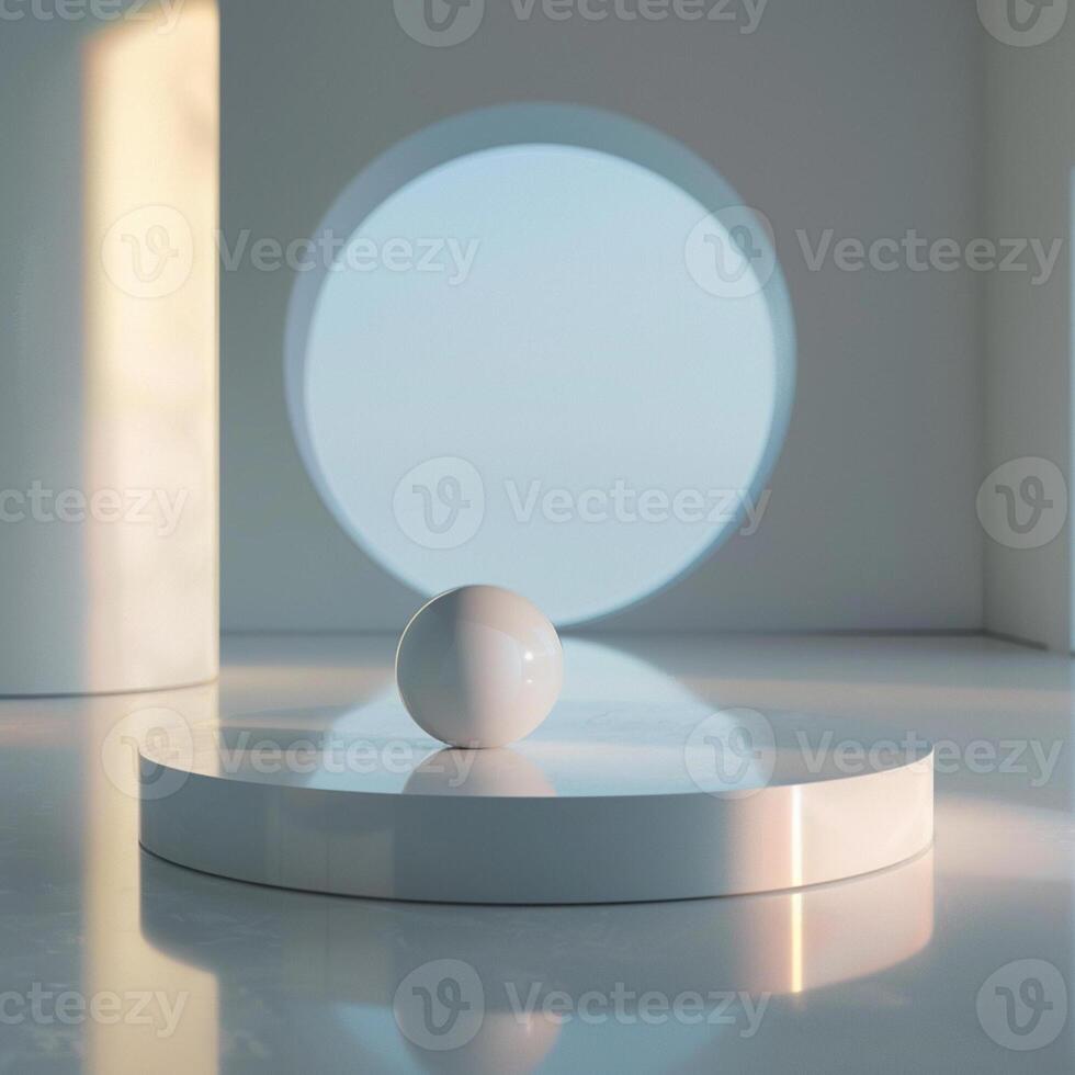 A white ball sits on a round platform in a room photo