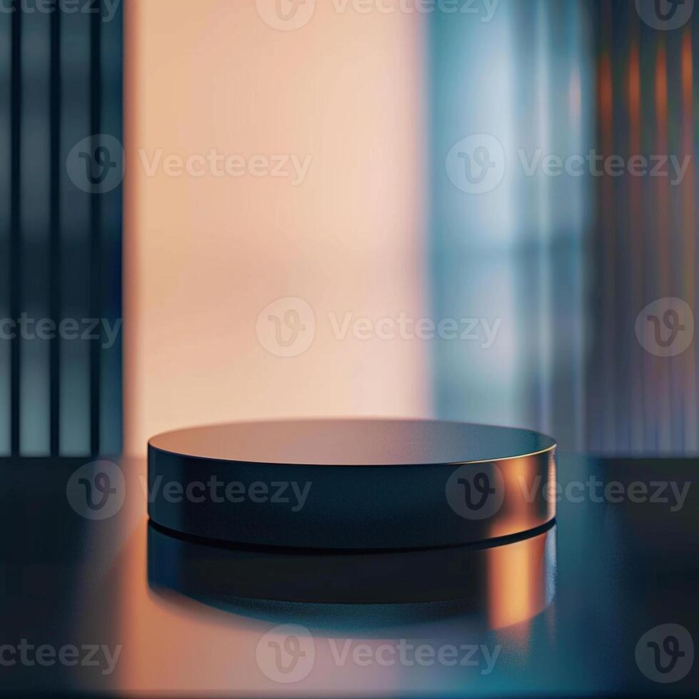 A black round table on a table with a window in the background photo