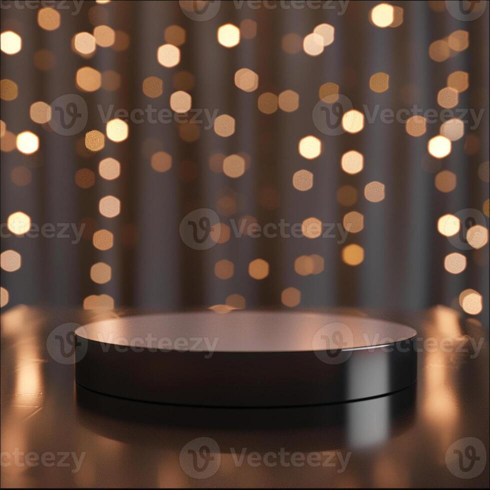 An empty round table with lights in the background photo