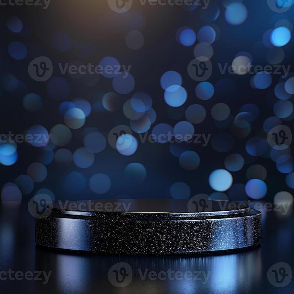 Black pedestal on a dark background with bokeh lights photo