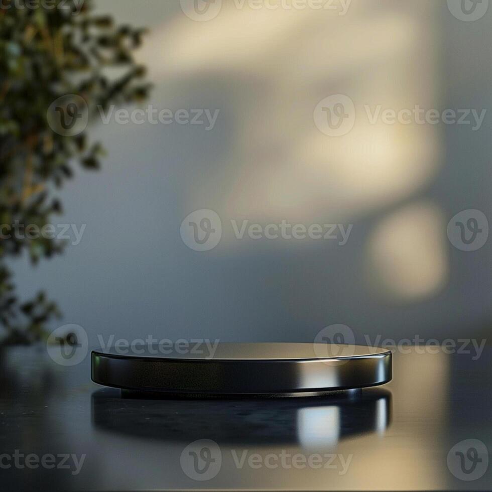 A black object on a table with a plant in the background photo