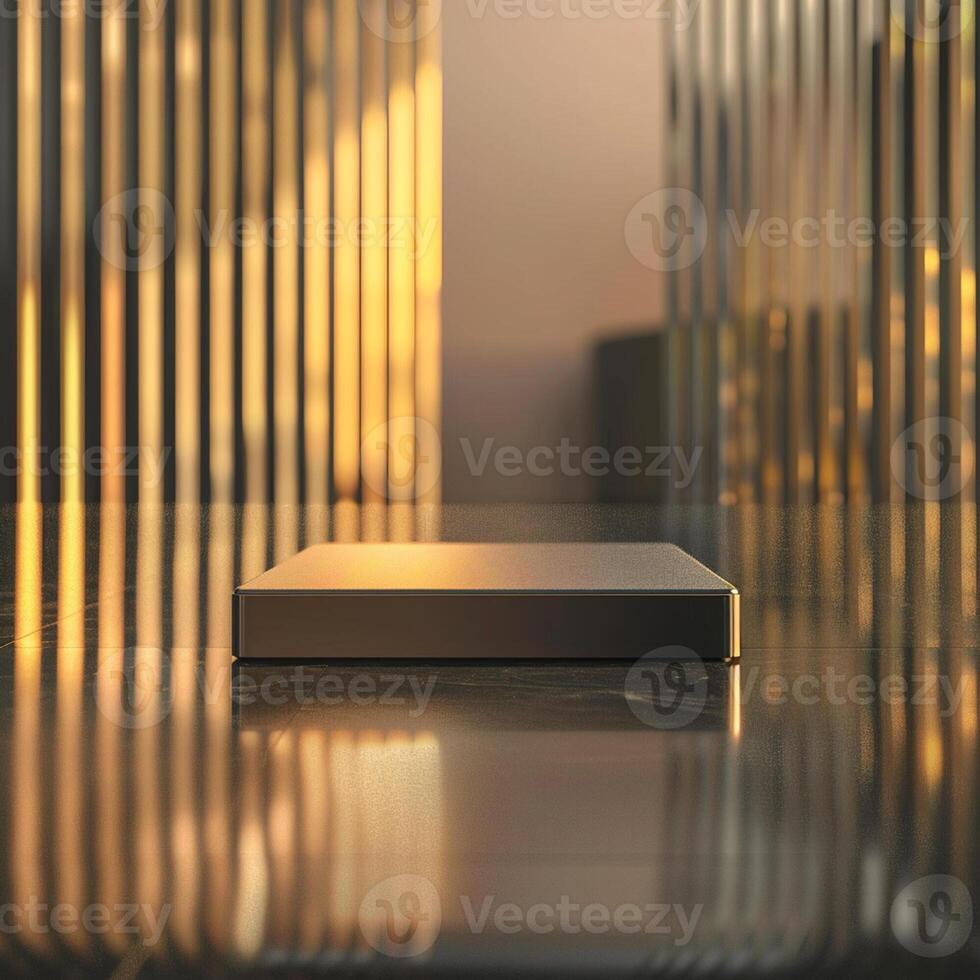 A square box sitting on a table in front of a window photo