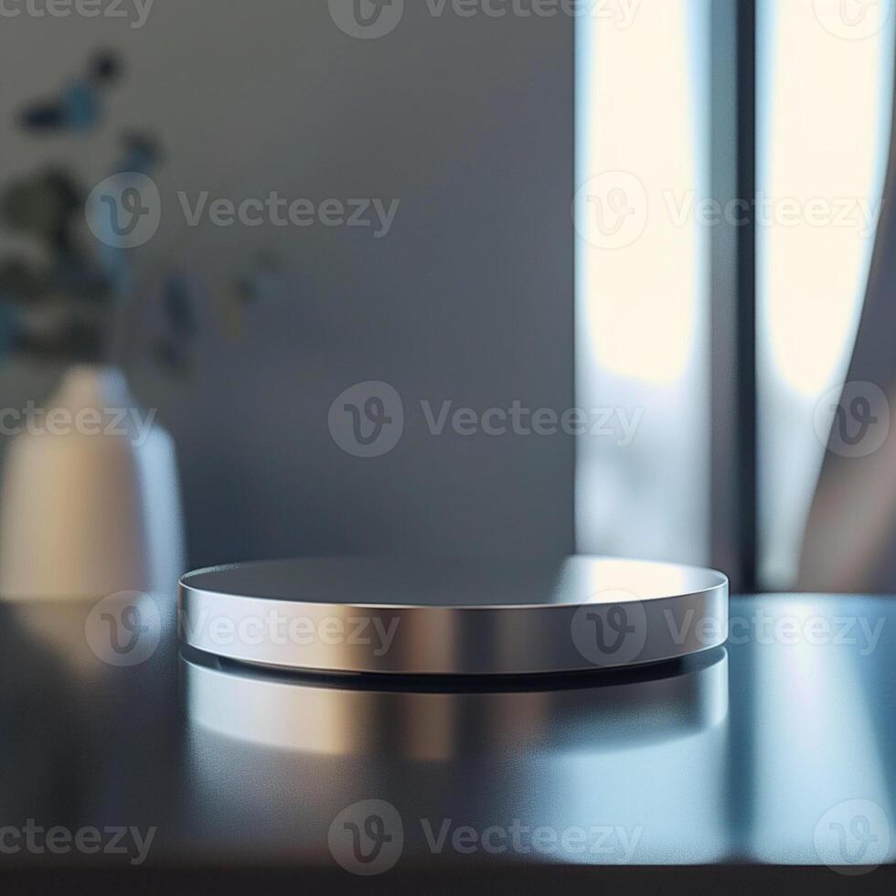 A silver object on a table in front of a window photo