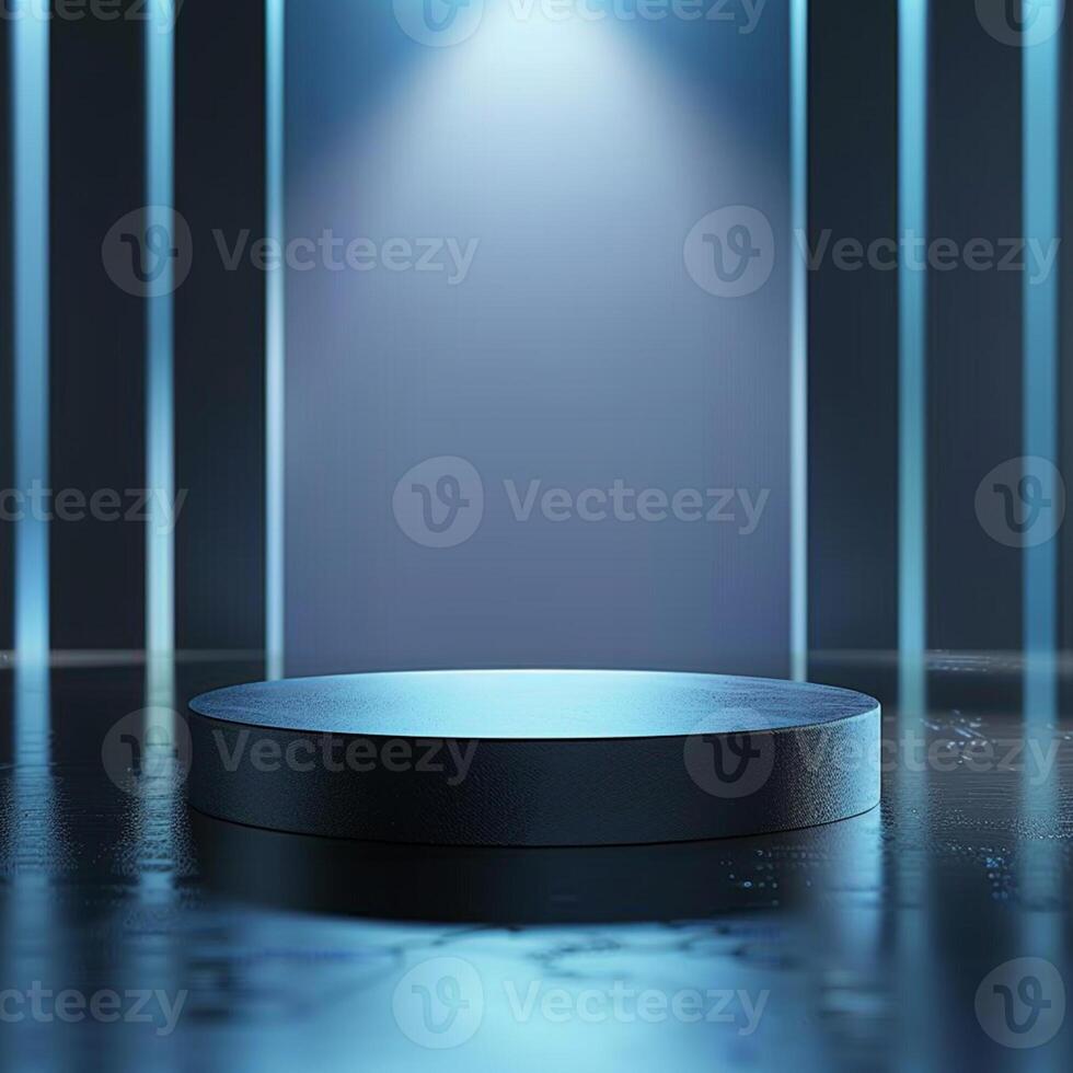 An empty podium in a dark room with a spotlight photo