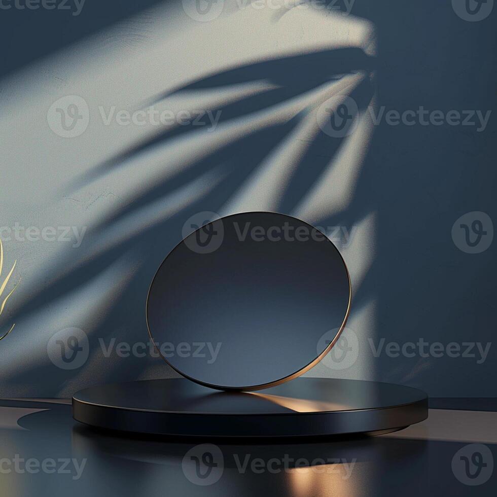 A black circular object on a table with a shadow photo