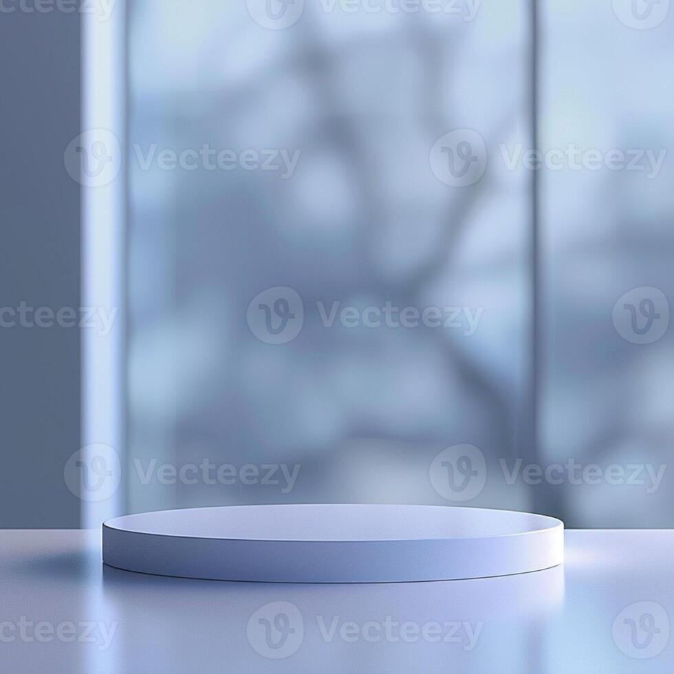 An empty white pedestal on a table in front of a window photo