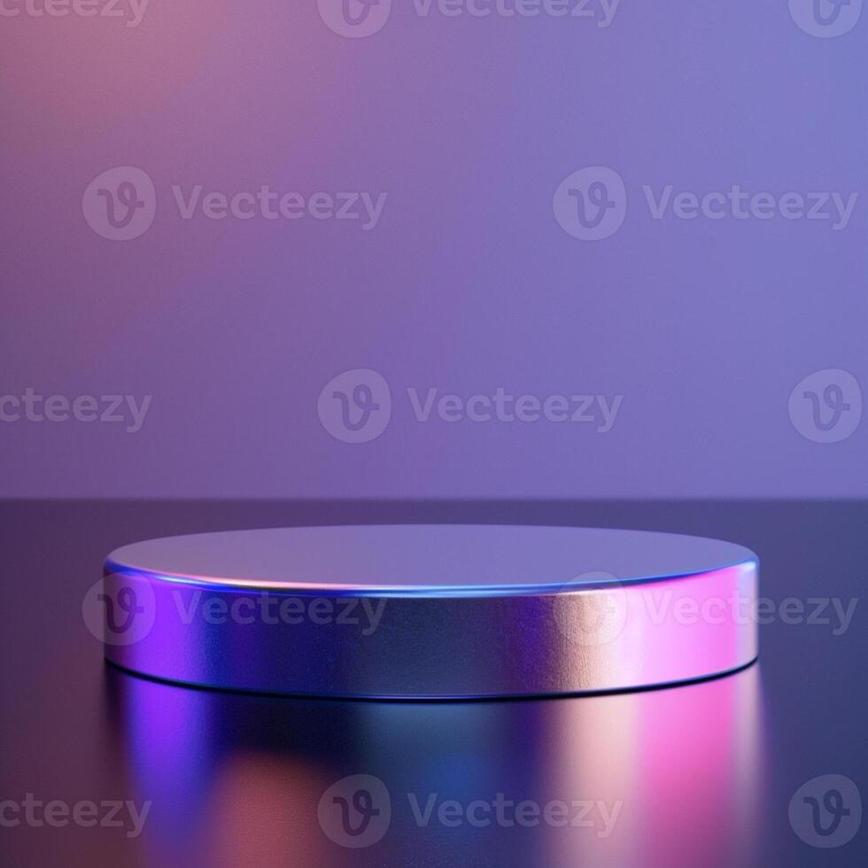 A round metal object on a table with a purple and blue light photo