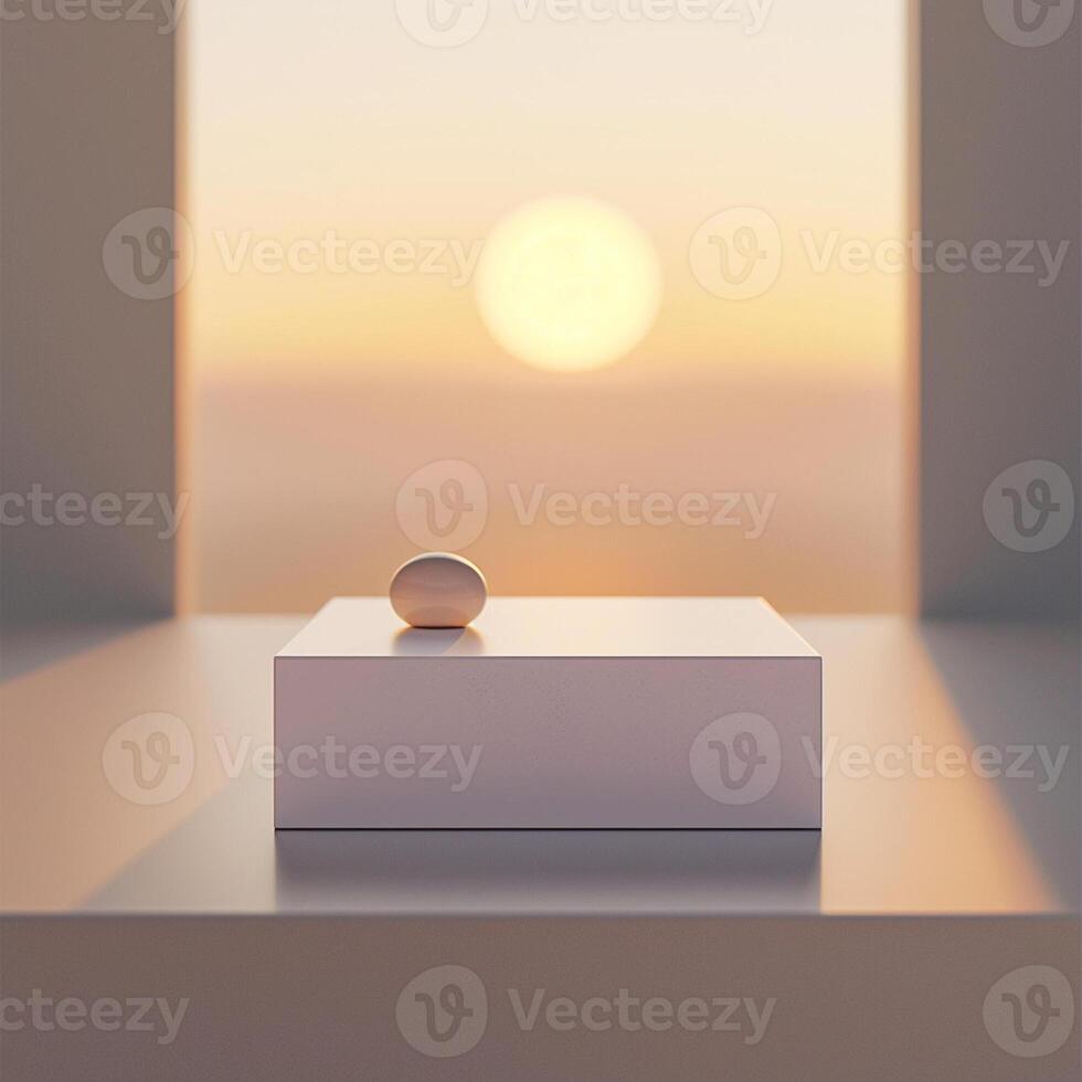 A white box sitting on a table with a sun setting behind it photo