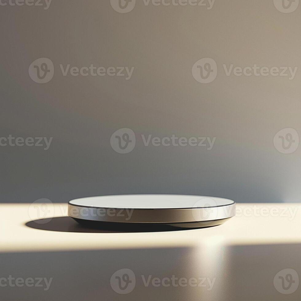 A white table with a small round object on it photo