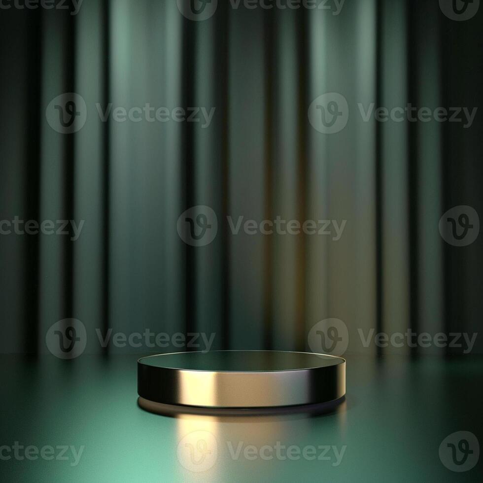 A podium on a table with a green curtain photo