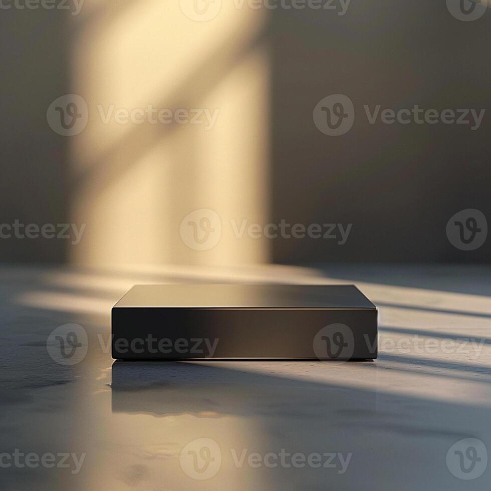 A black box sitting on a table in front of a window photo