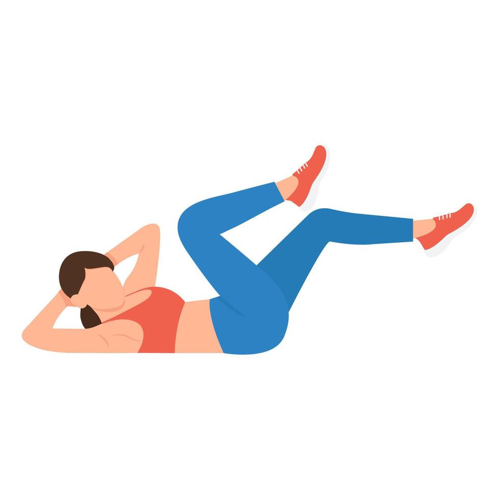 Woman exercising abs. Elbow to knee crunches. Cross body crunches exercise. Weight Loss Concept. vector