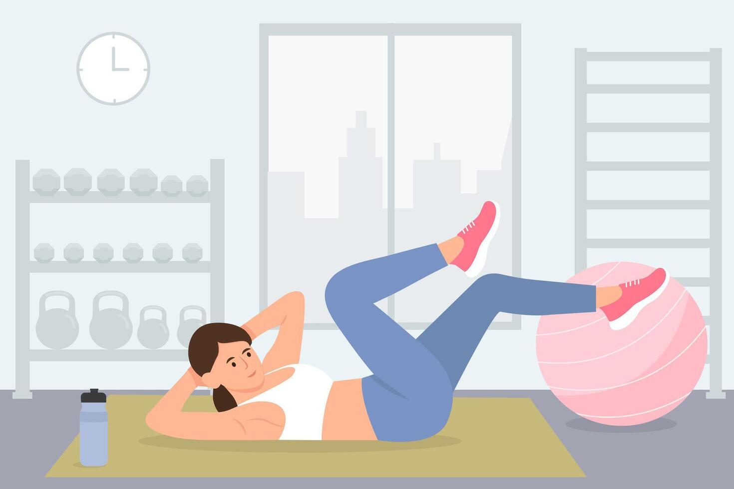 Woman exercising abs in gym. Elbow to knee crunches. Cross body crunches exercise. Weight Loss Concept. vector