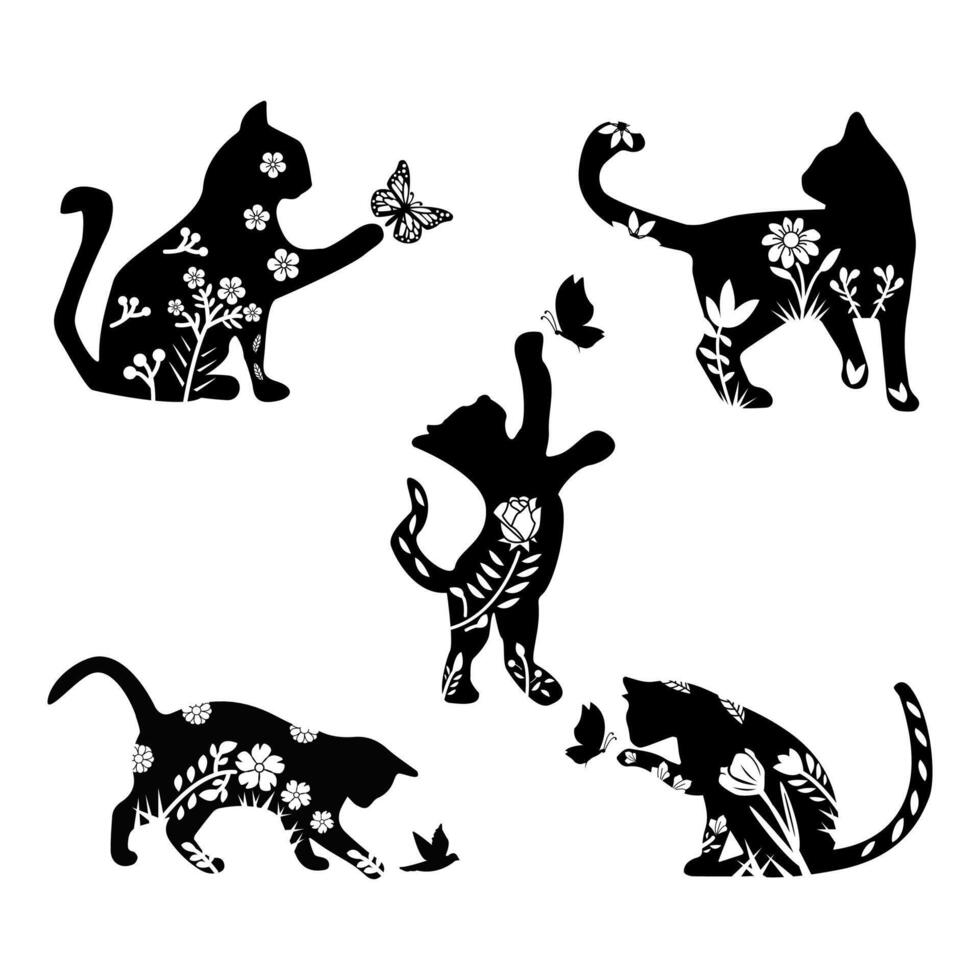 Set of Floral Cat Bundle Illustration vector