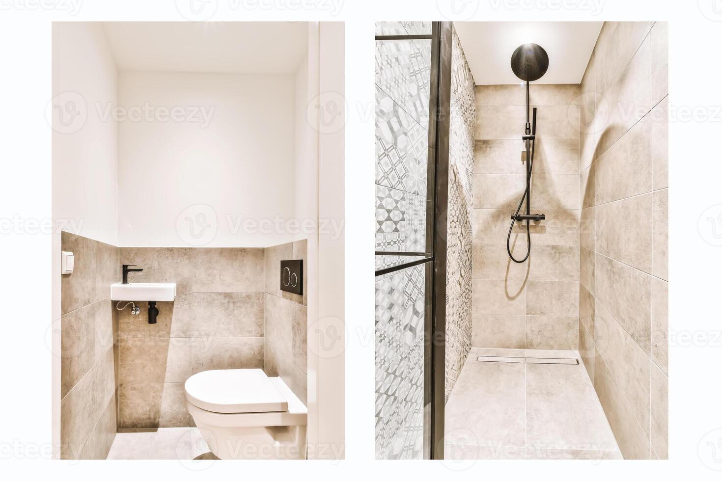 A bathroom with a shower, toilet and sink photo