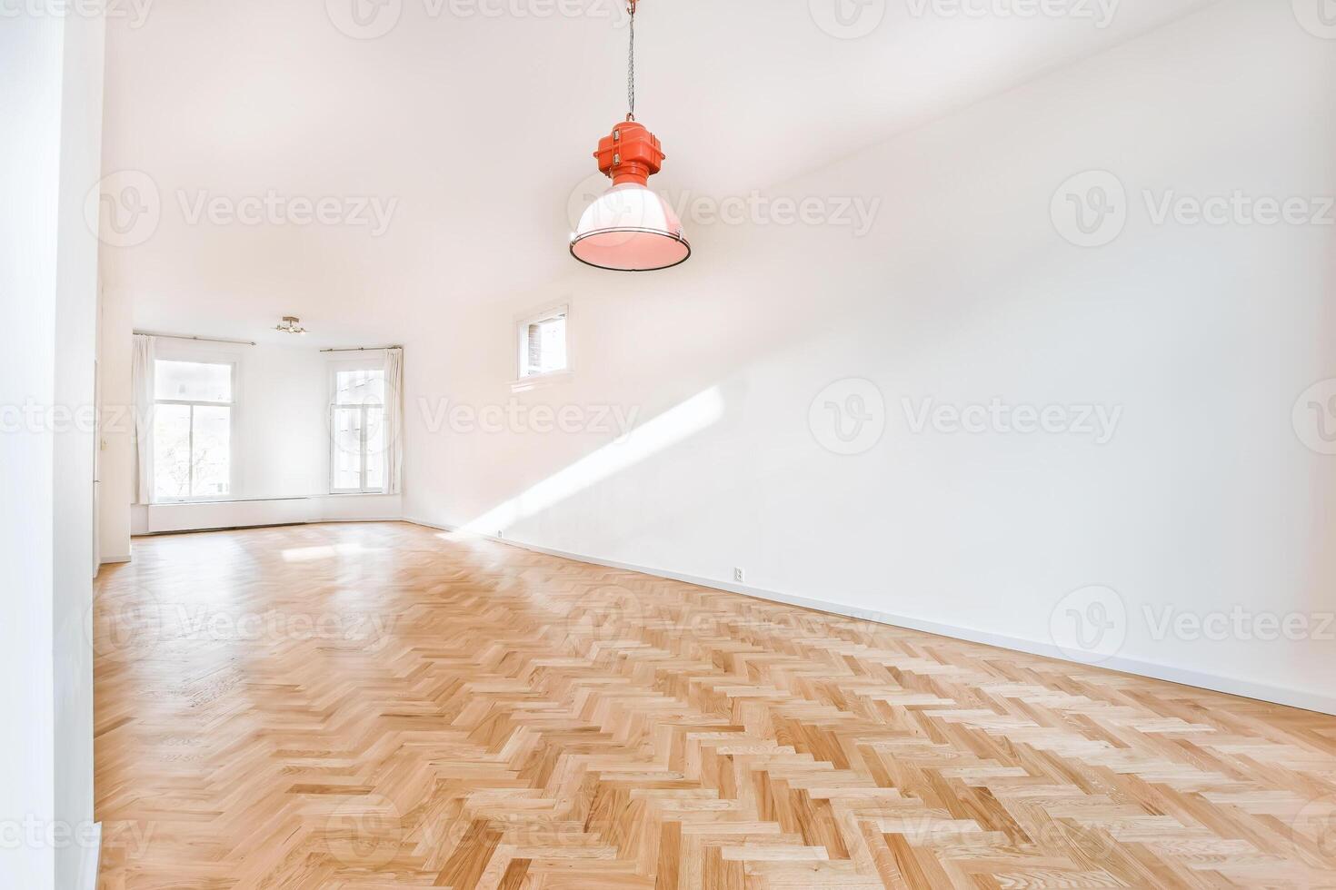 An empty room with a wooden floor and a light fixture photo