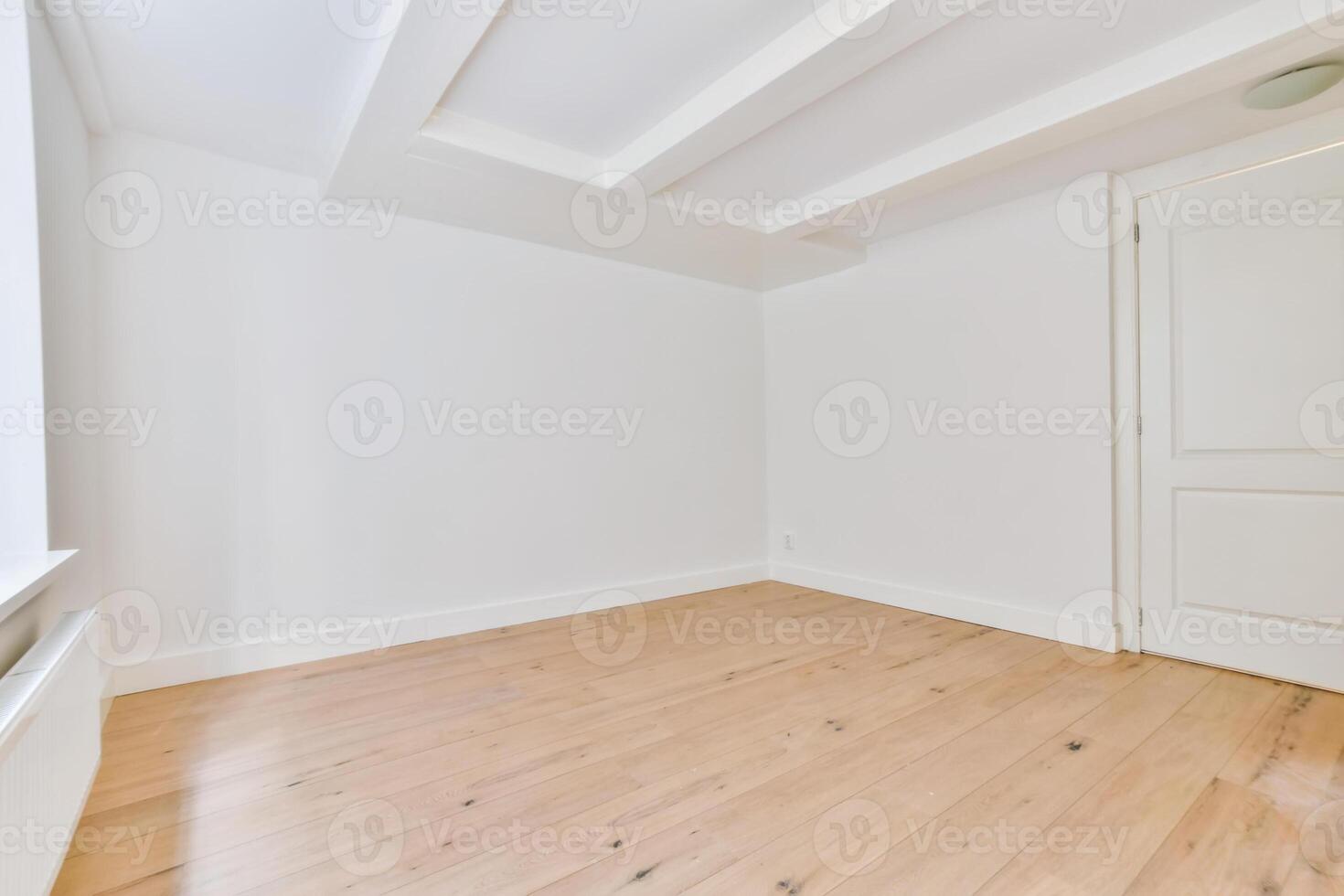 A white room with wooden floors and a door photo