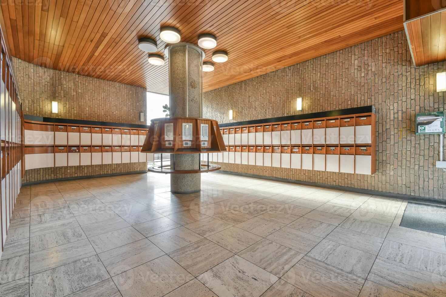 A large room with many lockers and a ceiling photo