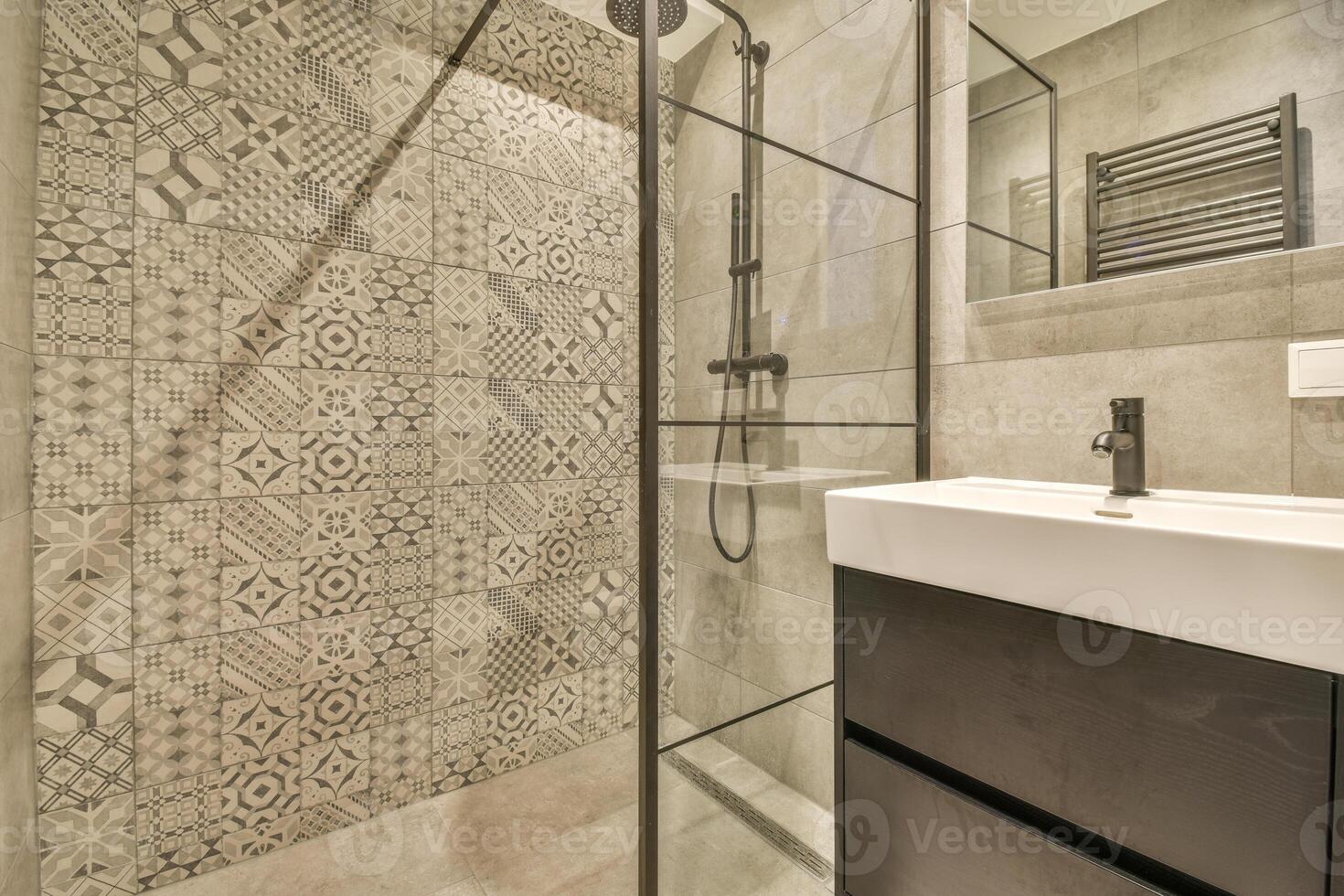 A bathroom with a shower and sink photo