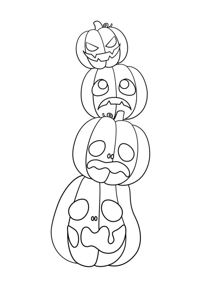 Stack of Jack O Lanterns Outline Line Art, Cute Halloween Pumpkins, Creepy Spooky Easy Coloring Book Page for Kids vector