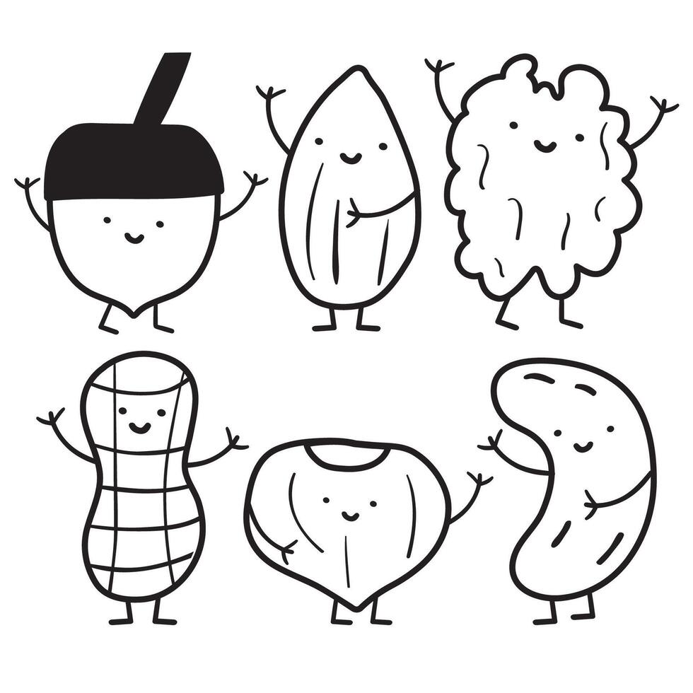 Cute smiling nuts. Collection of outline icons. design hand drawn illustrations on white background. vector