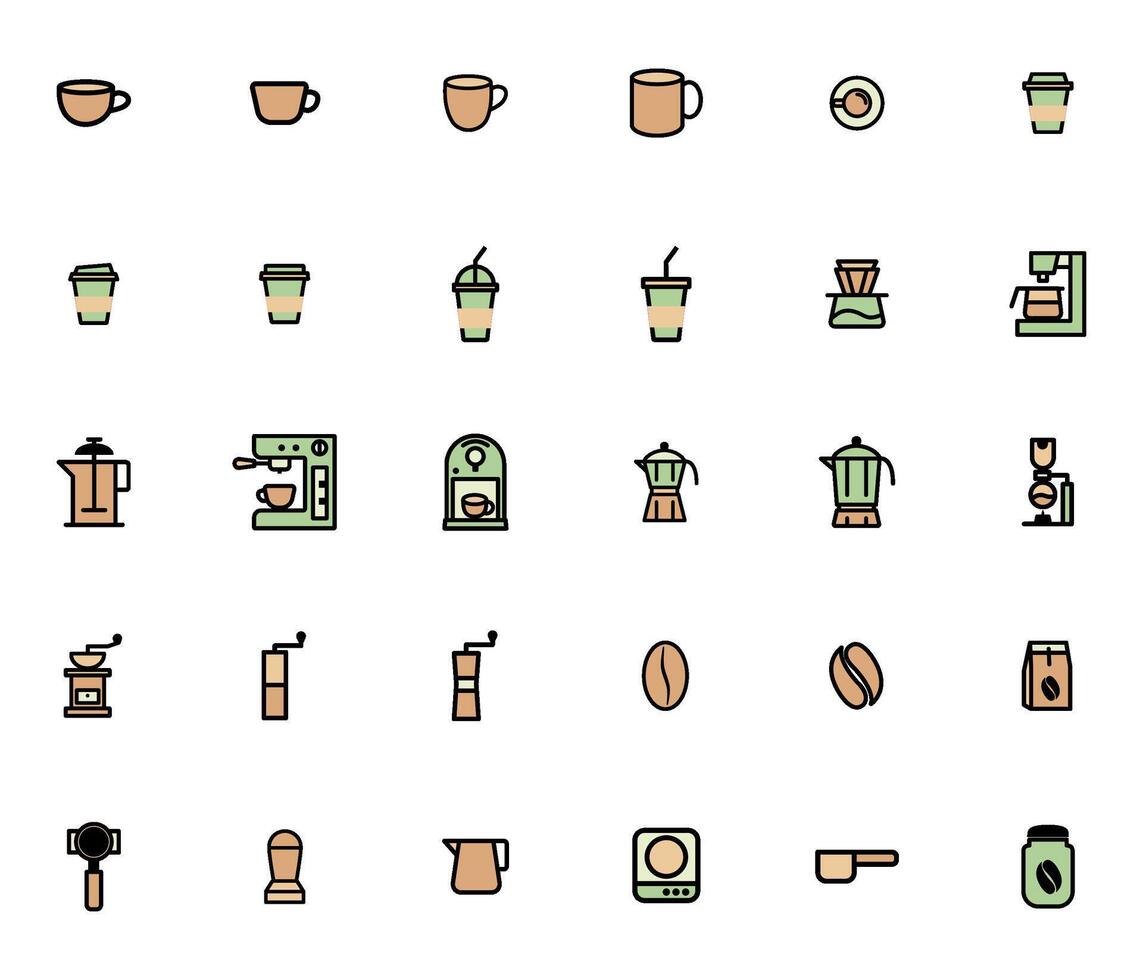 coffee outline filled icons set, illustration image vector