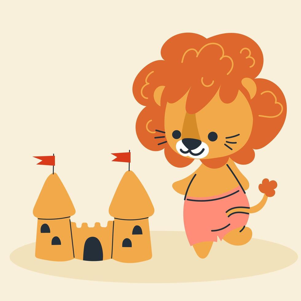 Cute kawaii lion on beach in cartoon, style. vector