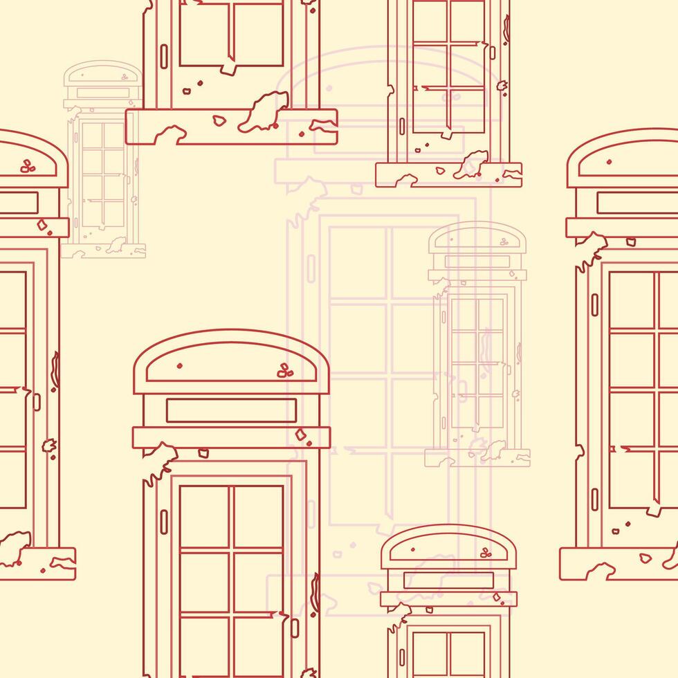 Editable Front View Red Typical Traditional English Telephone Booth in Outline Grunge Style Vectorized Illustration as Seamless Pattern for England Culture Tradition and History Related Background vector