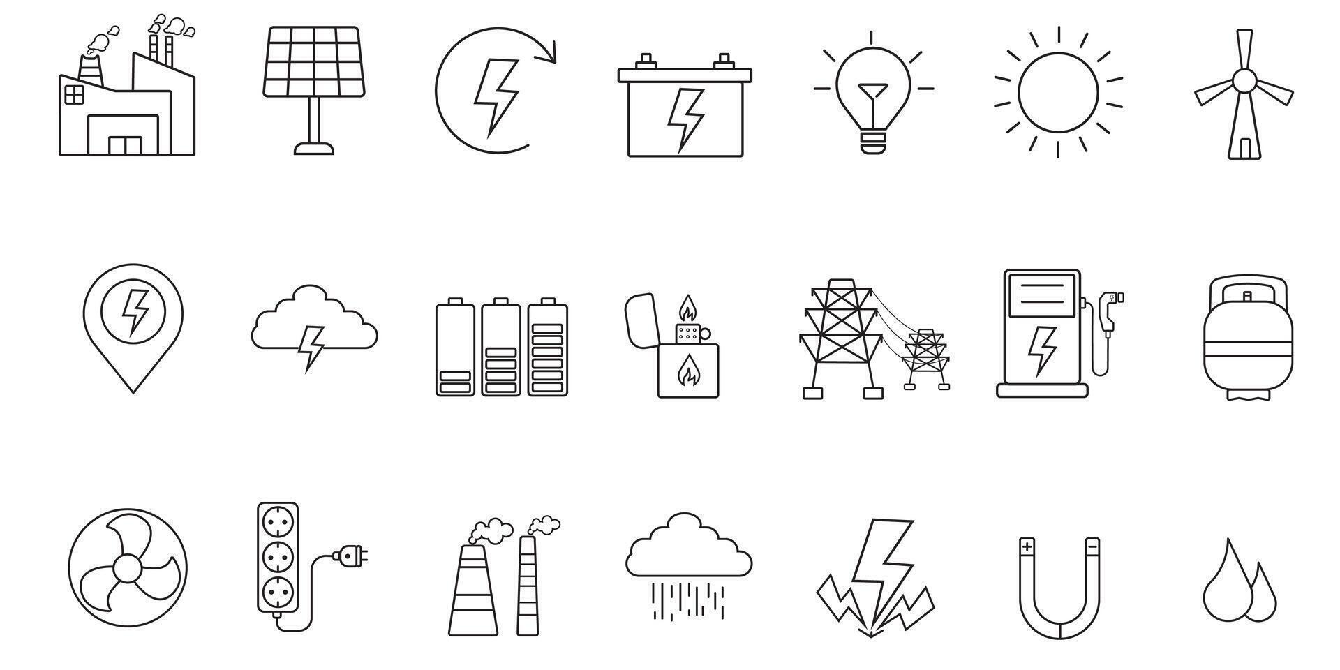 ENERGY thin line icon set Pixel perfect. Editable stroke The set contains icons Solar Energy Wind Power Renewable Energy Hydroelectric Power Hydrogen vector