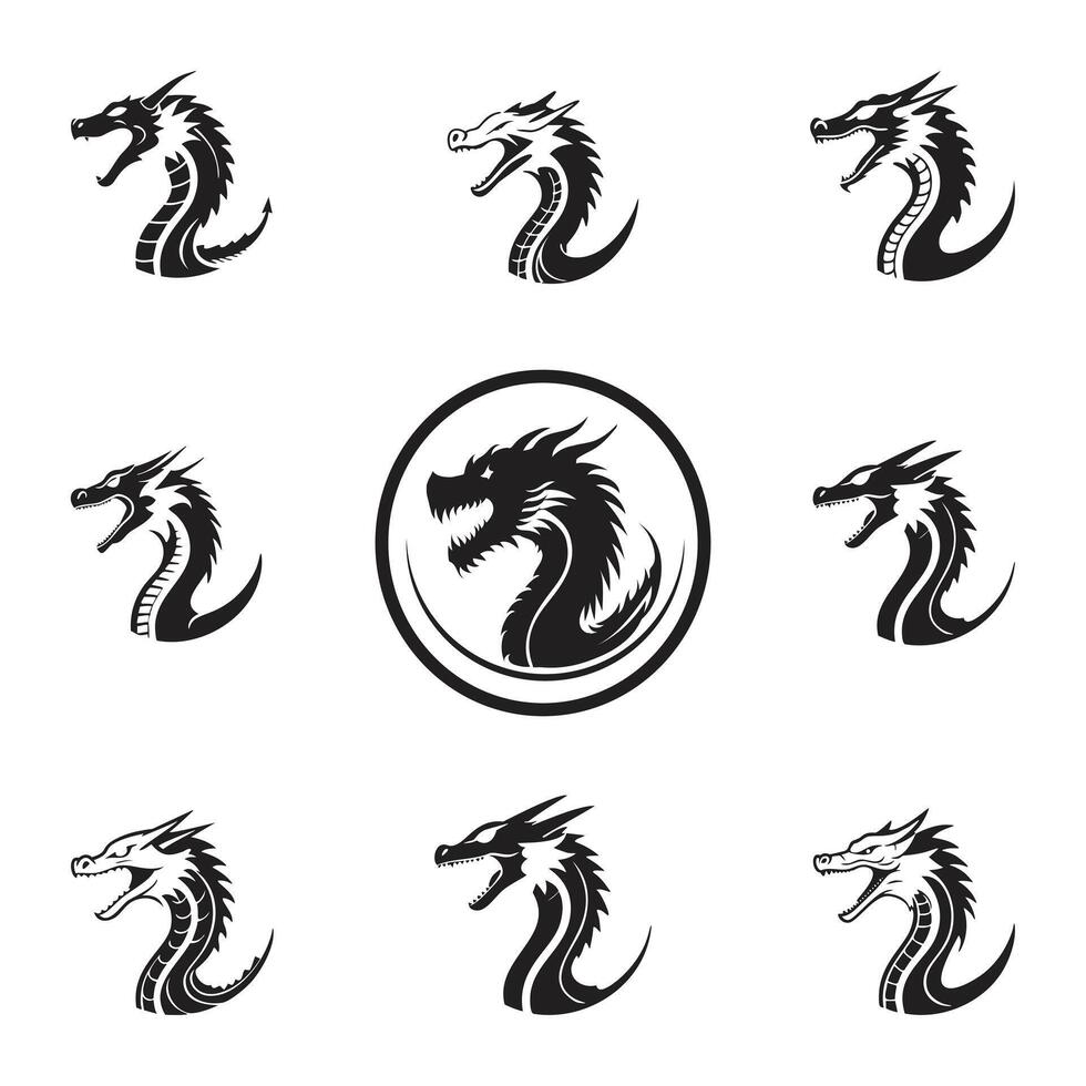 Dragon logo set in black and white vector