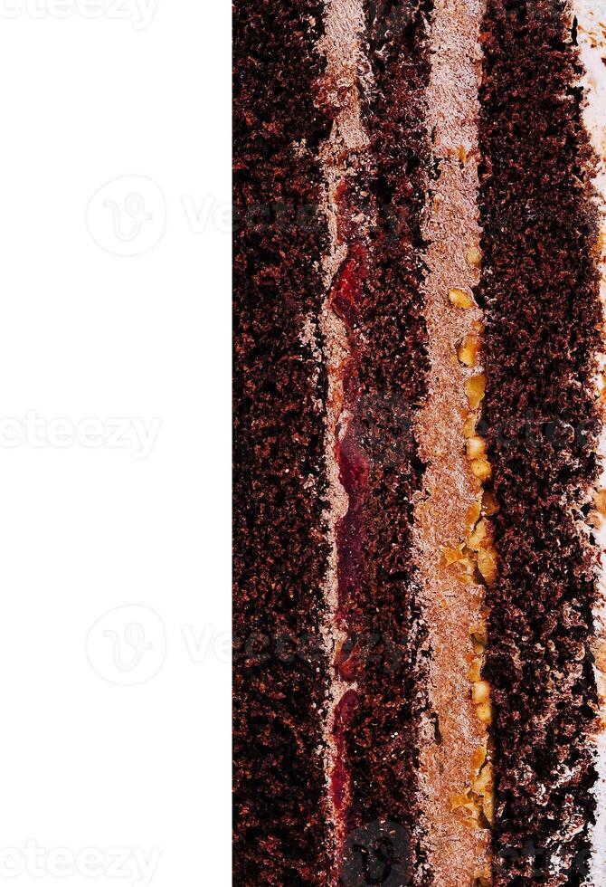 Chocolate cake layers showing filling and frosting photo