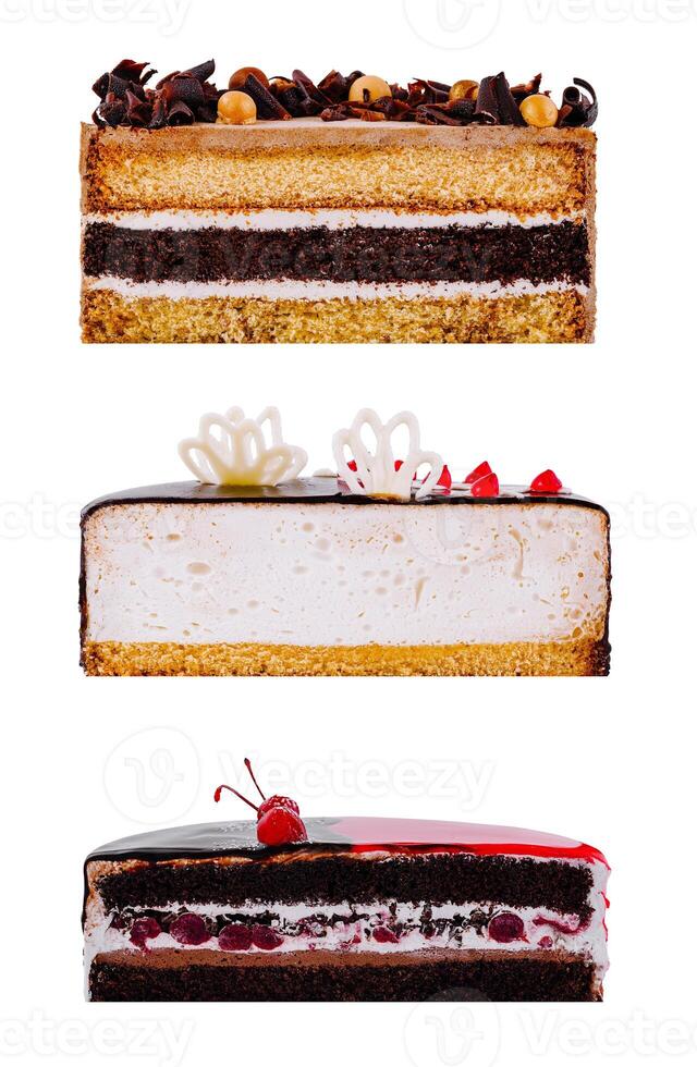 Three delicious slices of cake on white background photo