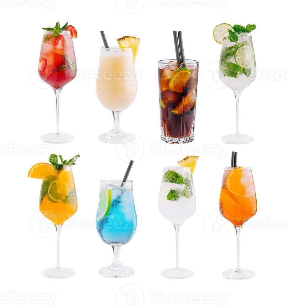 Set of refreshing cocktails with fruit slices and ice cubes, isolated on white photo
