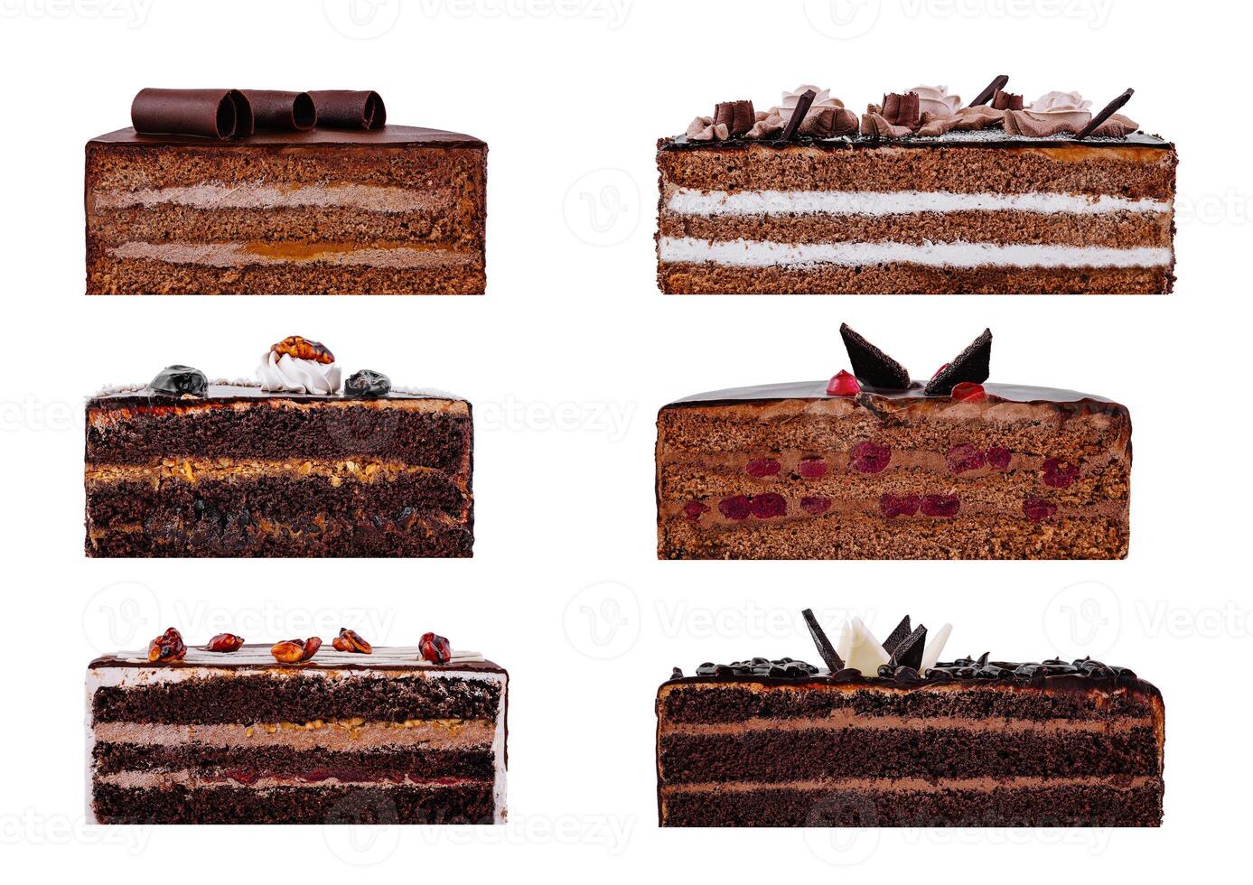 Delicious chocolate cake slices with various toppings isolated on white background photo